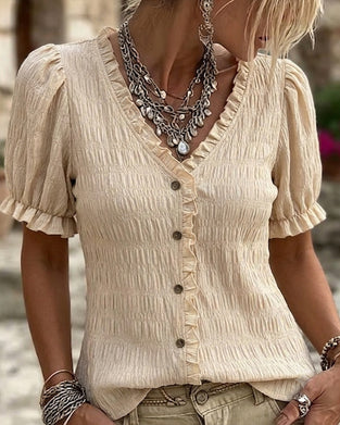 Blus Veckad Ruffle V-Hals Bubbla Ärm