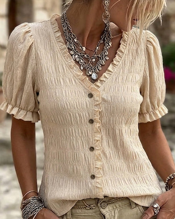 Blus Veckad Ruffle V-Hals Bubbla Ärm