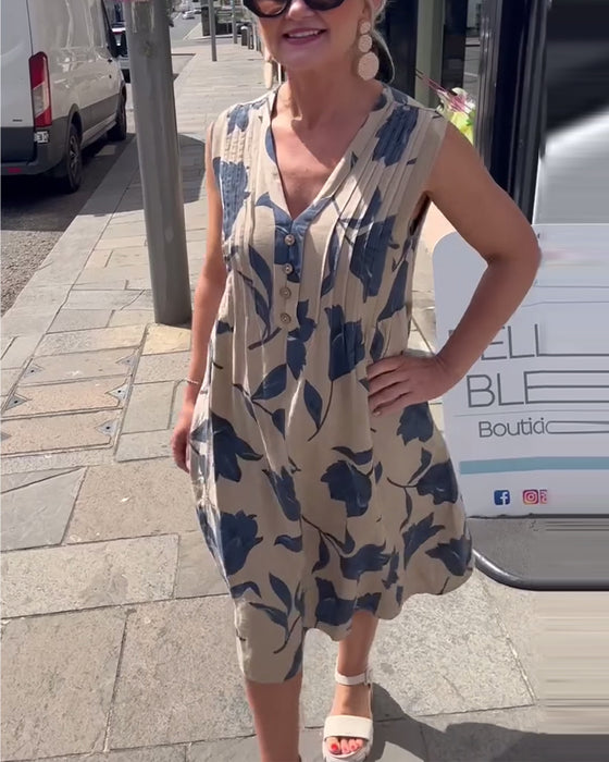 Klänning V-ringad ärmlös tryckt