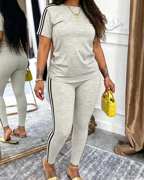 Set Randig Kortärmad Långa Mjukisbyxor