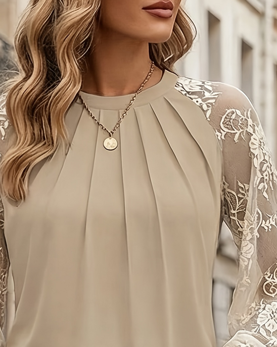 Blus Rundhals Rynkad Spets Patchwork
