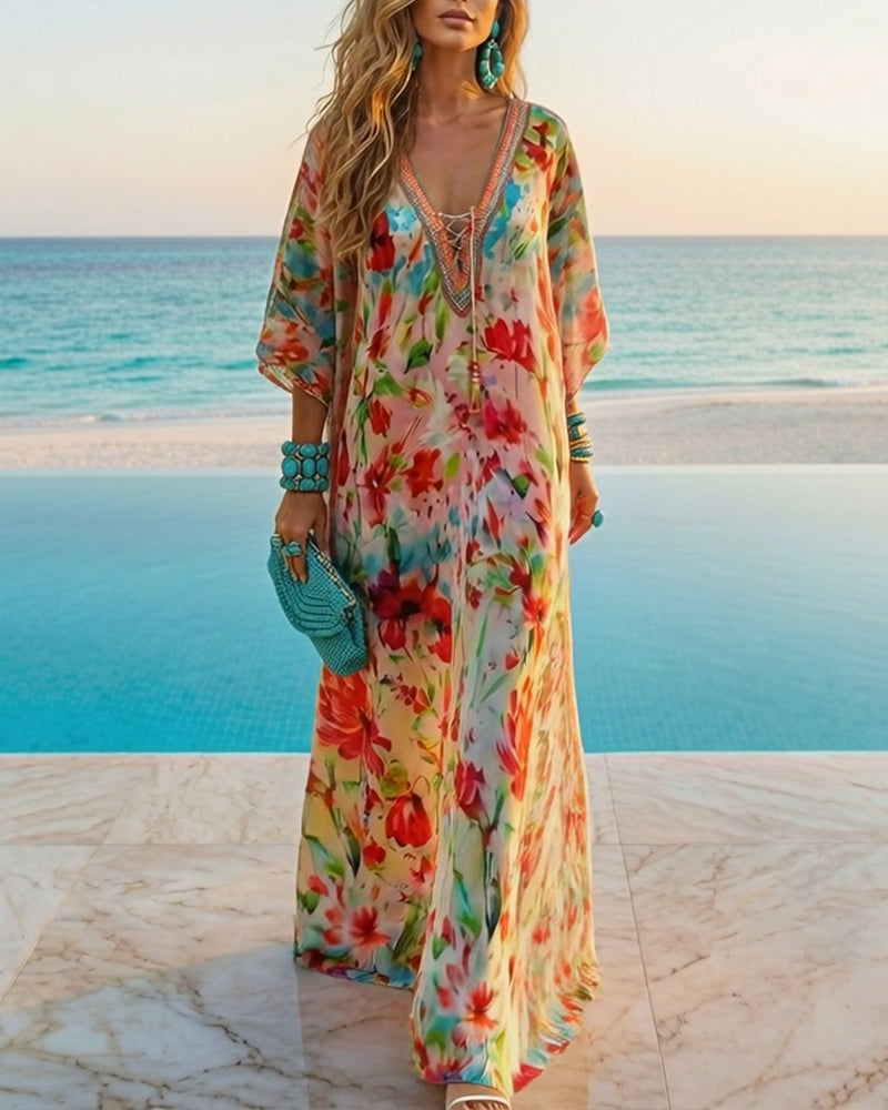 Klänning Färgglad Blommigt Tryck Lång Blus