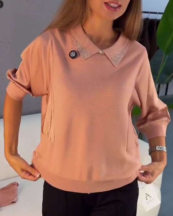 Pullover Slag Armbågslång Ärm Stickad Elegant