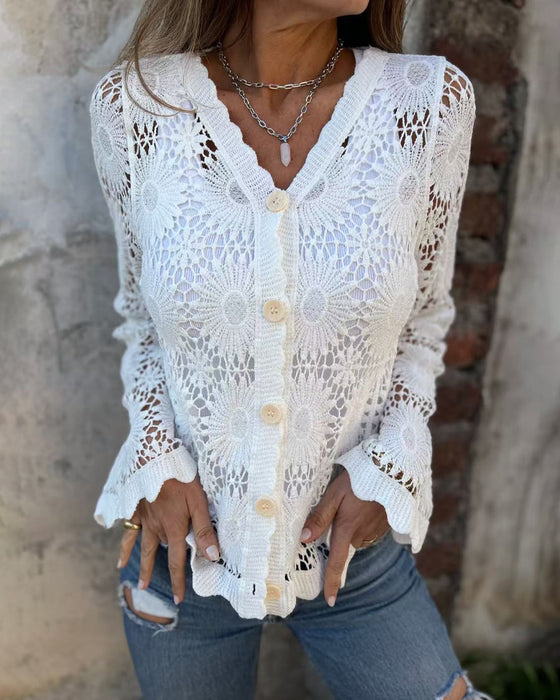 Kardigan Spets V-Ringning Lång Ärm