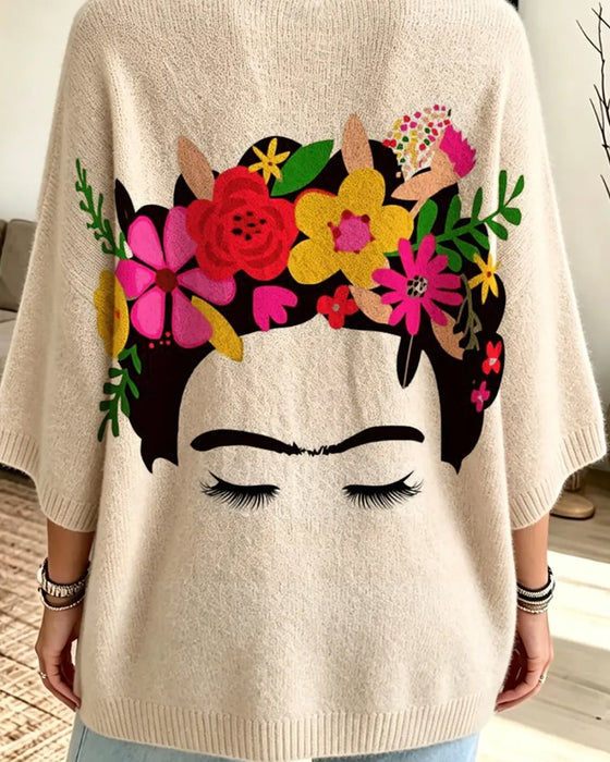 Loose Fit Ansikte Blommigt Print Pullover