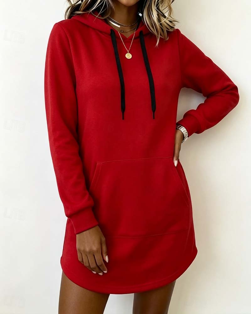 Sweatshirtklänning Enfärgad Bågformad Fåll Huvtröja