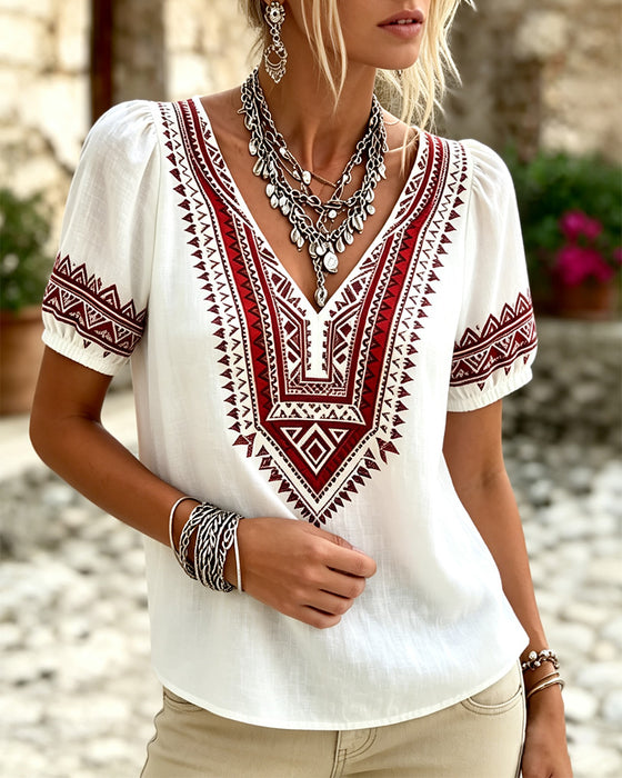 Blus V-Hals Bohemisk Bubbel Ärm