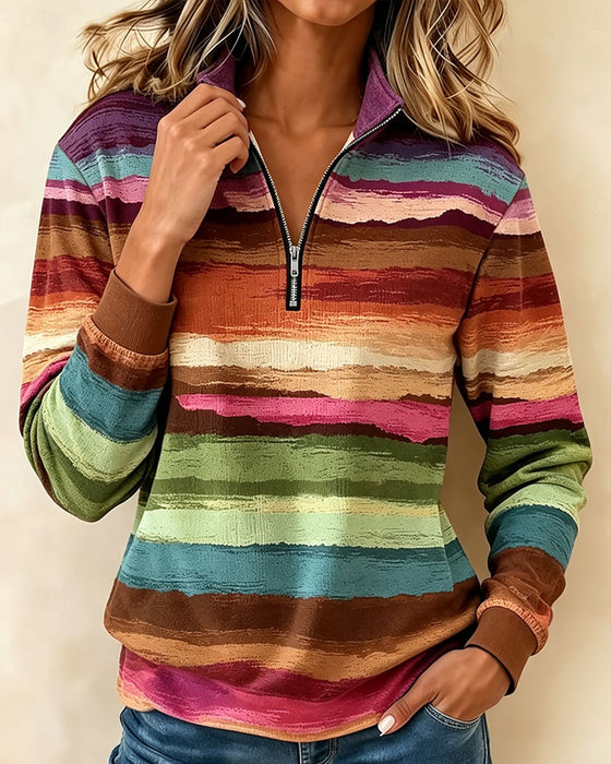 Sweatshirt Vintage Färgglad Randig Halv Dragkedja Ståndkrage Lång Ärm