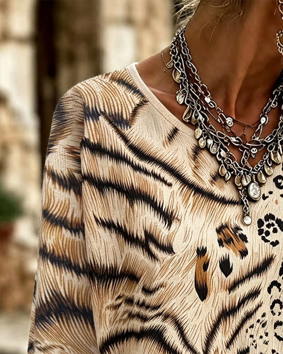 Blus Rundhalsad Leopard Lång Ärm