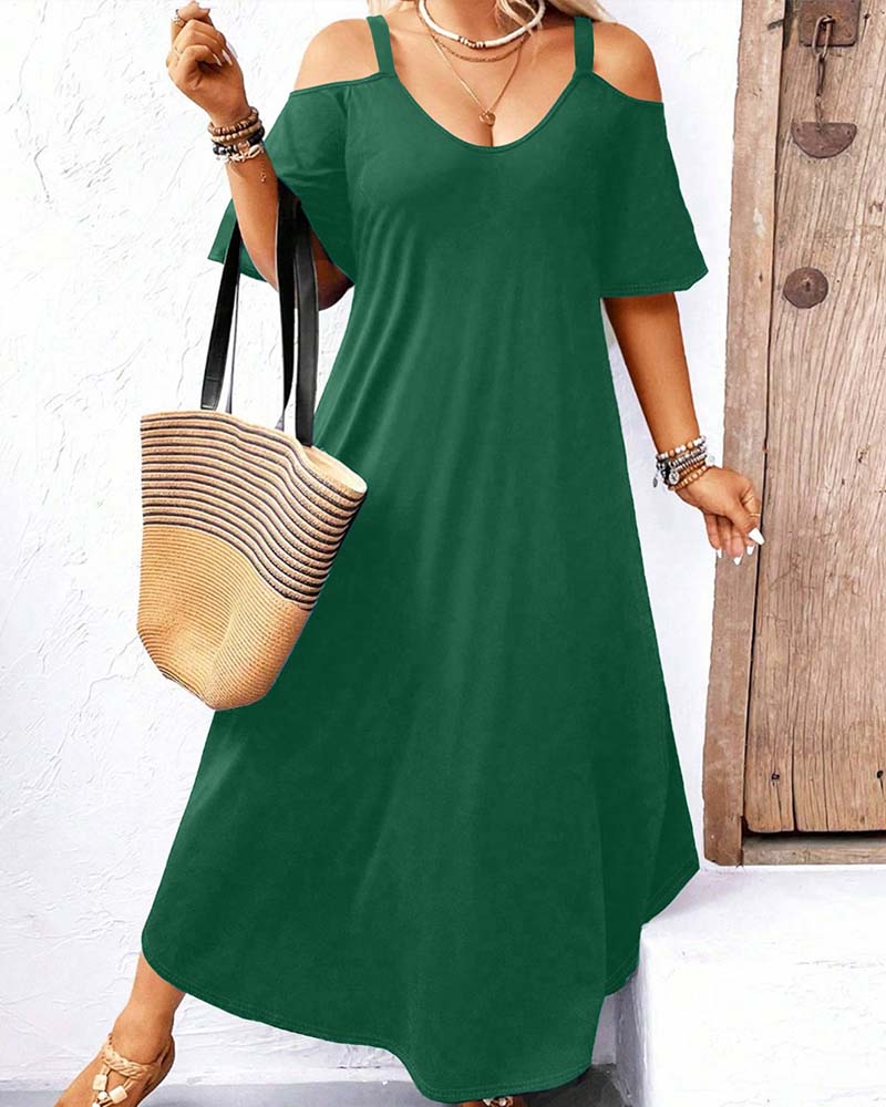 Klänning Enfärgad V-Ringning Off-Shoulder Lång