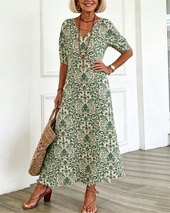 Klänning Vintage Blommönster V-Hals Maxi