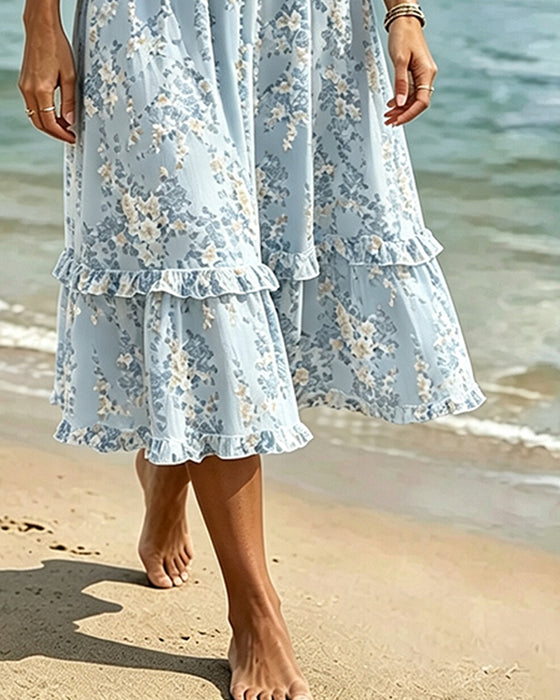 Klädning Blommig Ruffle V-Hals Patchwork