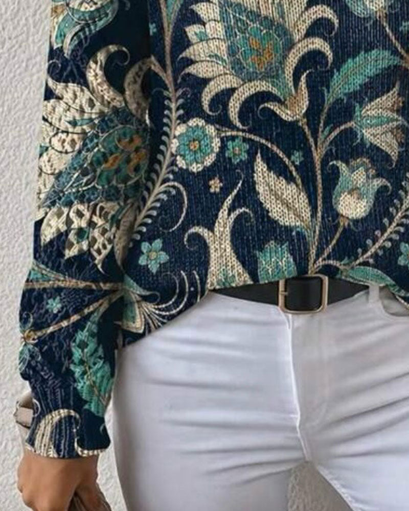 Pullover V-Hals Långärmad Blommig Tryck