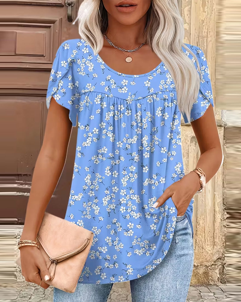 Blus Småblommig Tryck Rund Hals Kortärmad