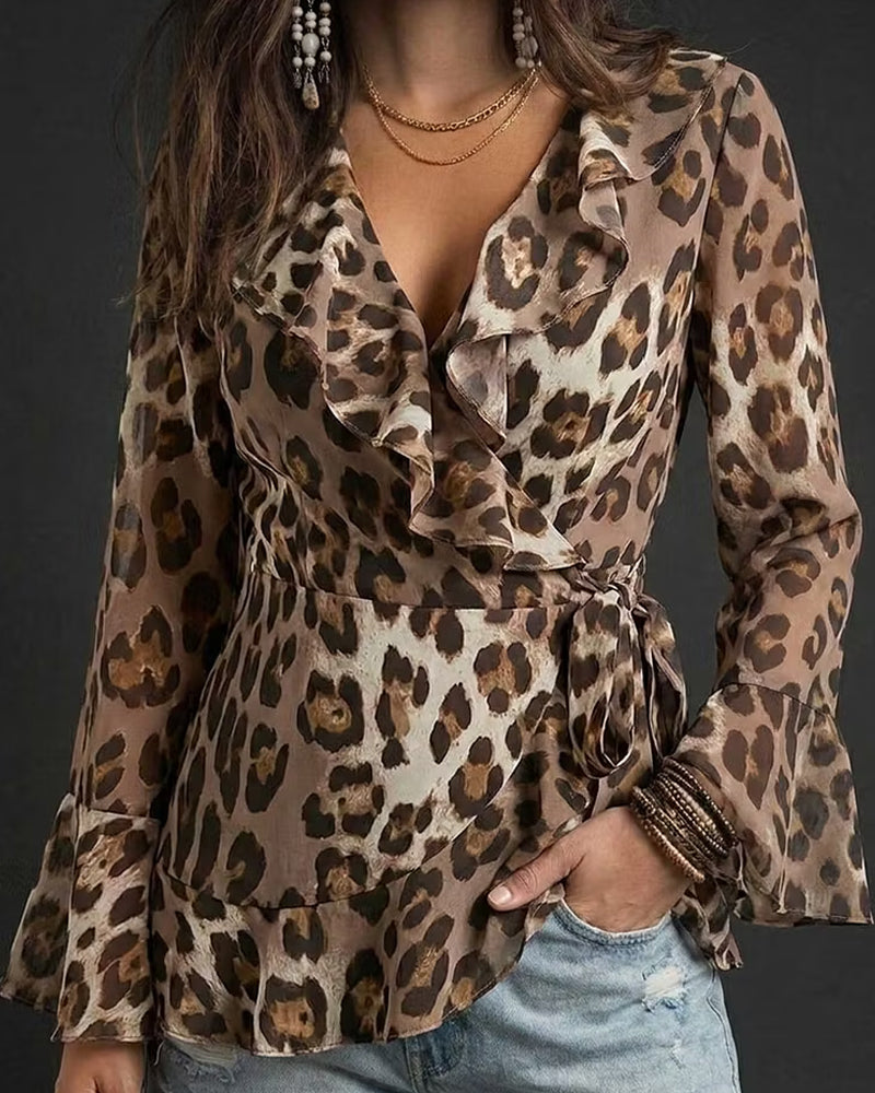 Blus Ruffle Ärm Leopard Tryck