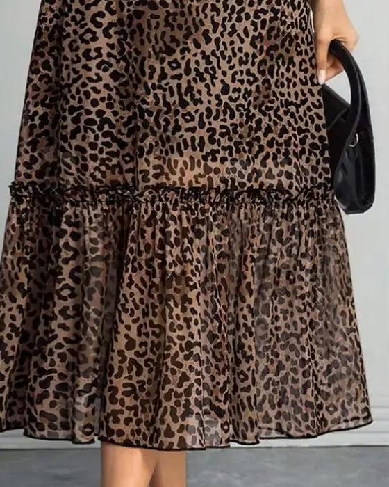 Klänning Leopard Mock Neck Mesh Midi