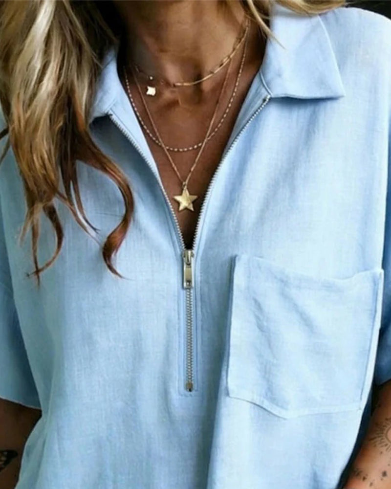 Skjorta Halv Dragkedja Krage Kort Ärm