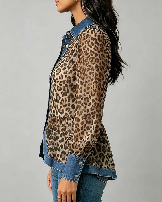 Blus Denim Leopard Patchwork Midjeknyt