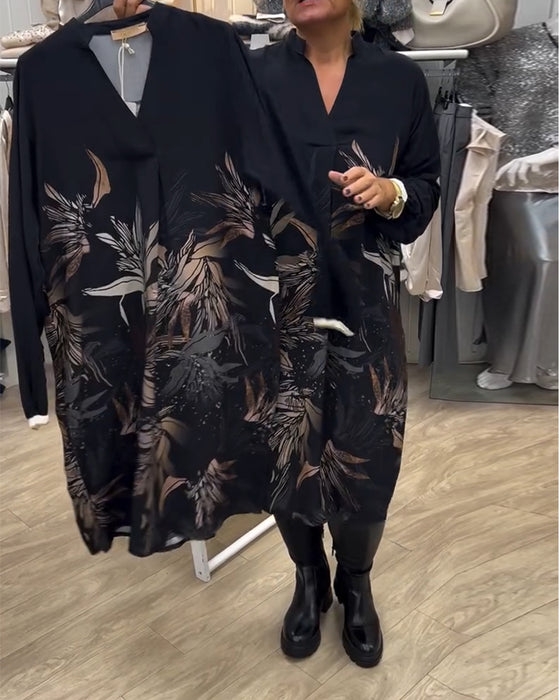 Klänning V-Ringad Bladtryck Långärmad