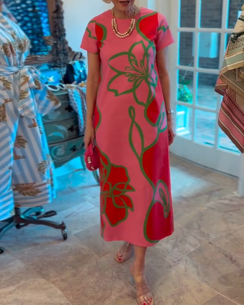 Klänning Färgblockerad Blommönstrad Rak