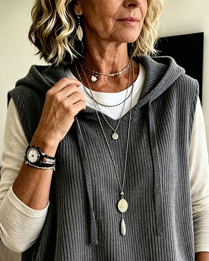 Linne Med Huva Räfflad Dragsko Pullover