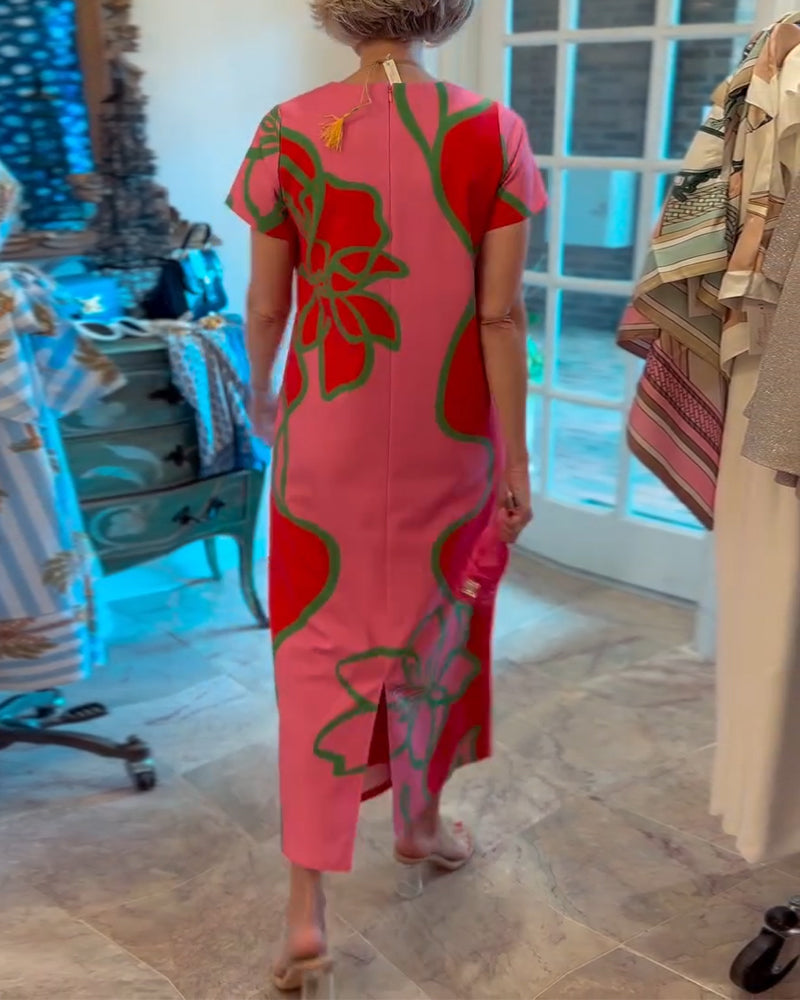 Klänning Färgblockerad Blommönstrad Rak