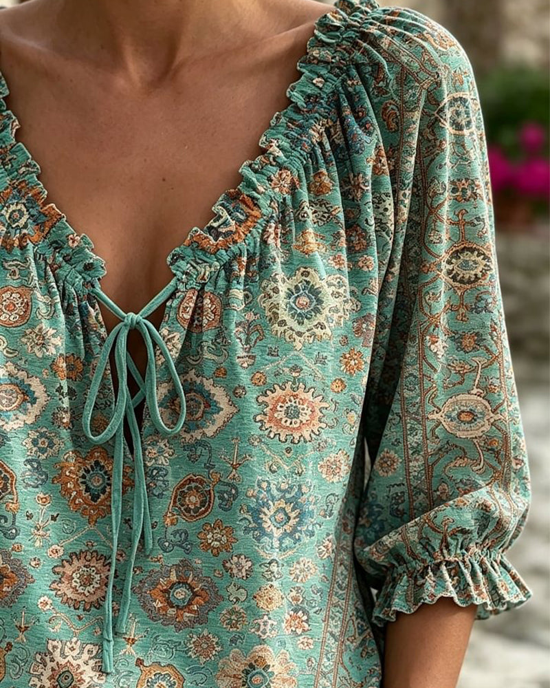 Blus V-Hals Knytning Vintage Tryck