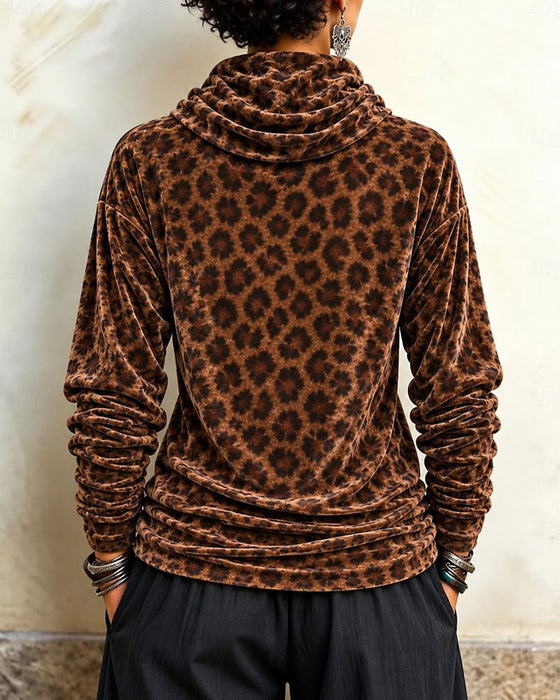 Topp Leopardmönster Rullkrage Sammet Långärmad