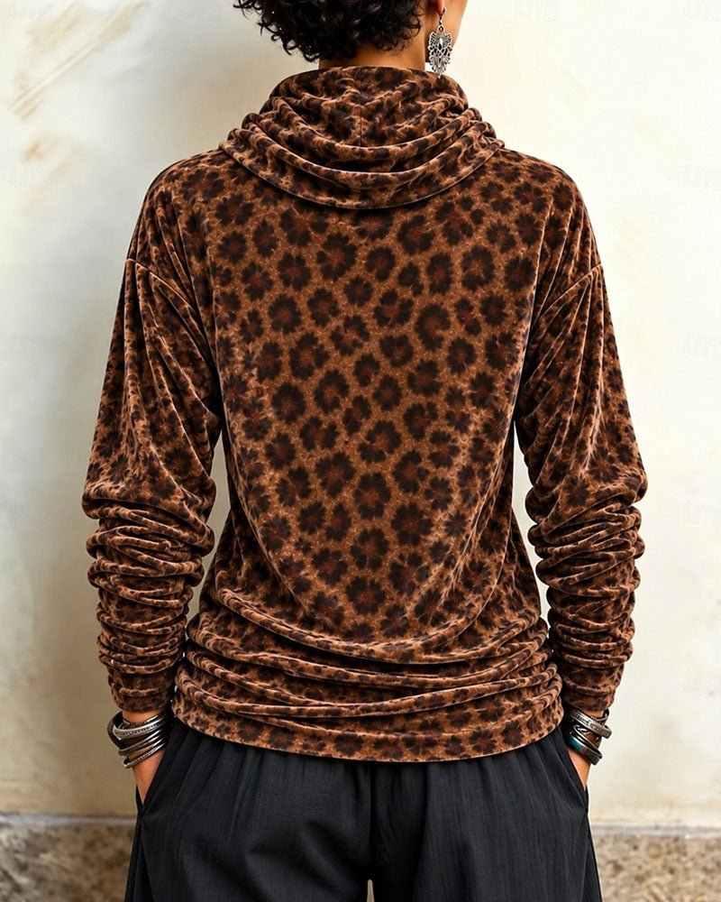 Topp Leopardmönster Rullkrage Sammet Långärmad