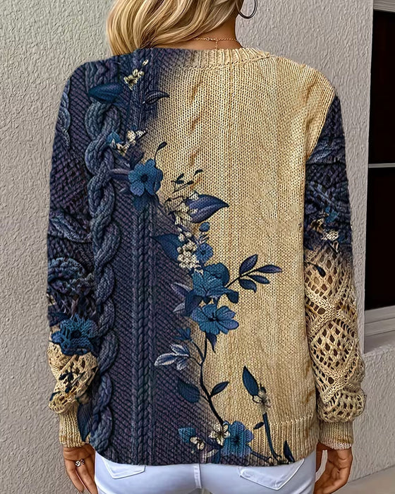 Pullover Gradient Färgblock Blommig V-Hals Urholkning
