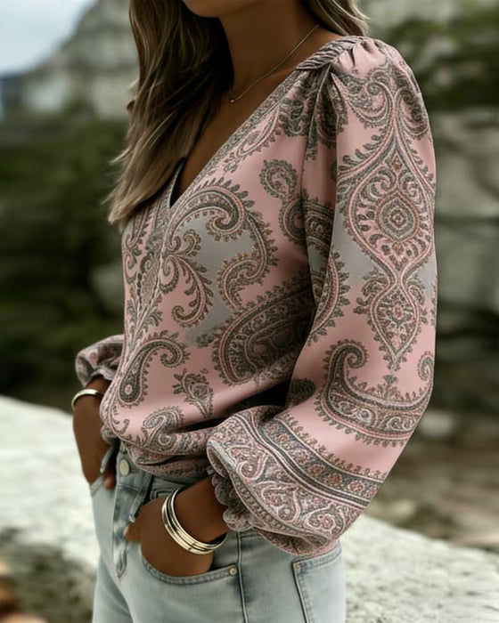 Blus Paisley Mönster V-Hals Lykta Ärm