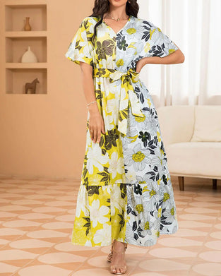 Klänning Blommigt Print V-Ringning Snörd Midja