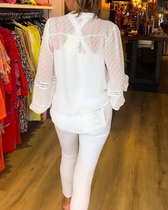 V-ringad spetspanel långärmad topp