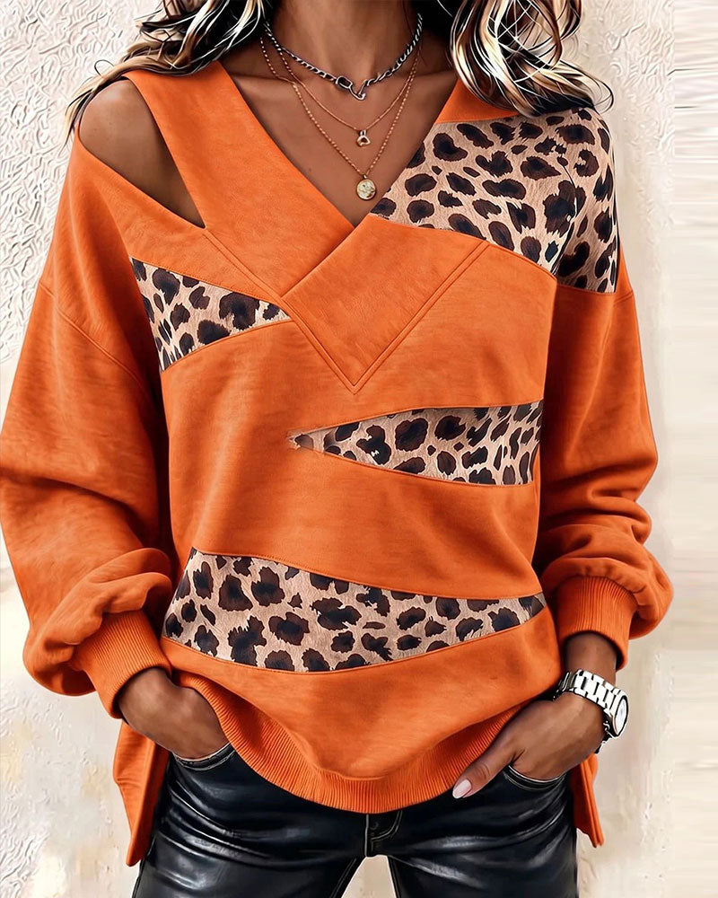 Sweatshirt Leopard Patchwork V-Hals Pullover