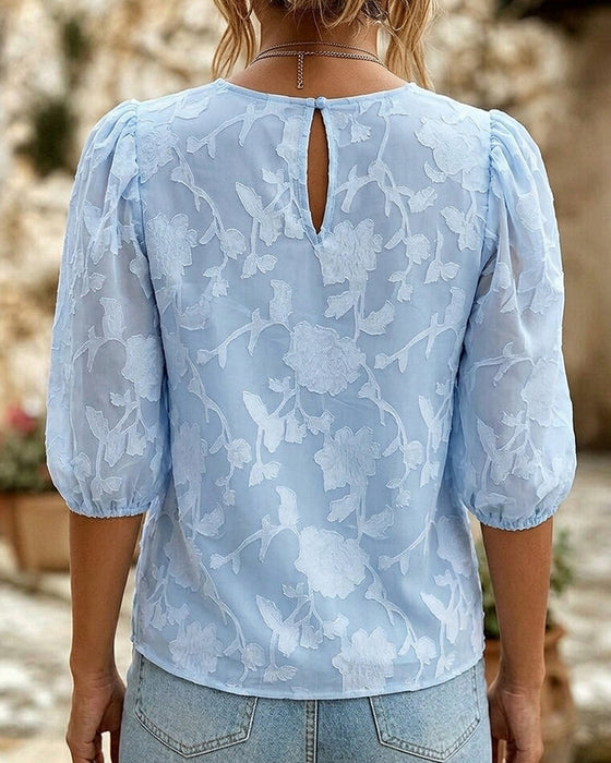 Rundhalsad Blus Med Puffärmar