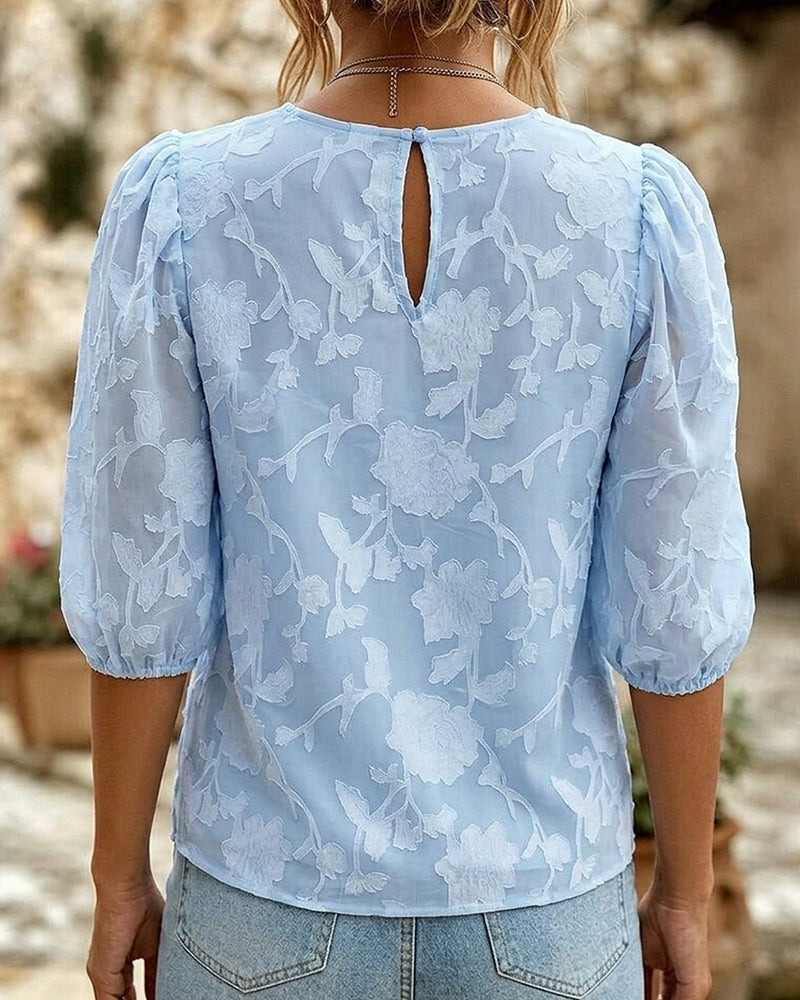 Rundhalsad Blus Med Puffärmar