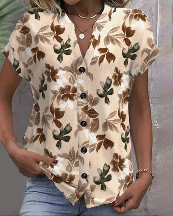 Blus Ståkrage Kort Ärm Tryckt