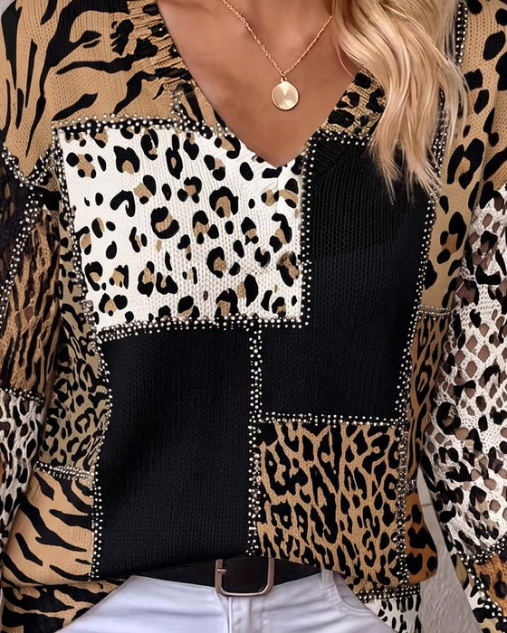 Pullover V-Hals Leopard Lång Ärm