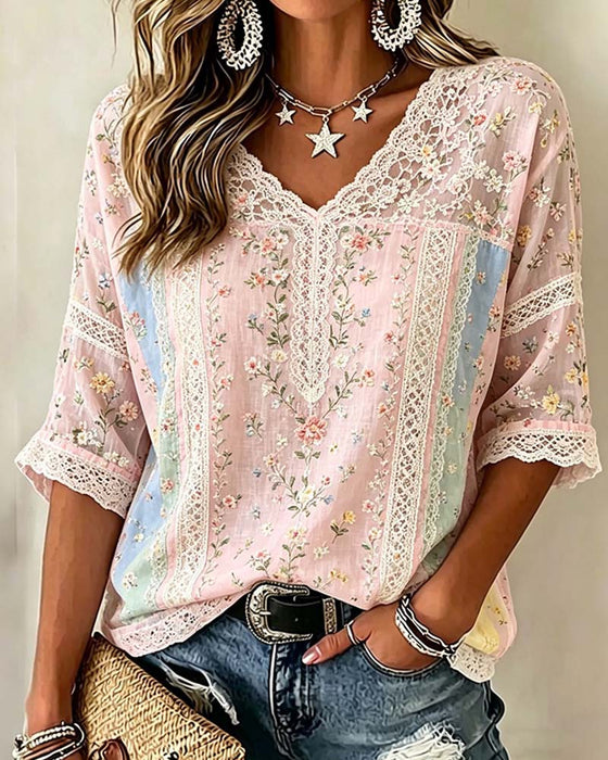 Blus V-Hals Spets Patchwork Kontrast Blommig