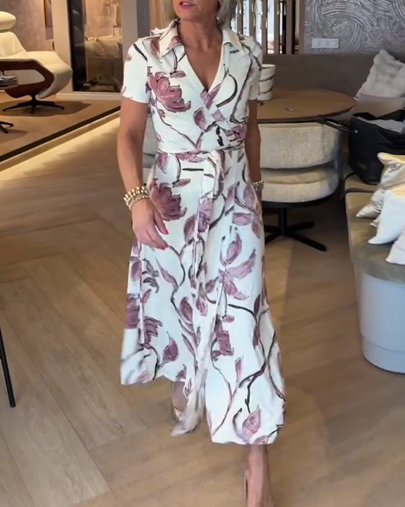 Klänning Blommigt Tryck V-Hals