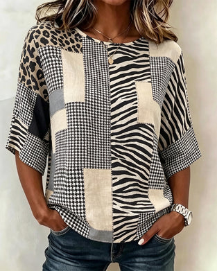 Blus Rundhalsad Lapptäcke Rutig Leopard
