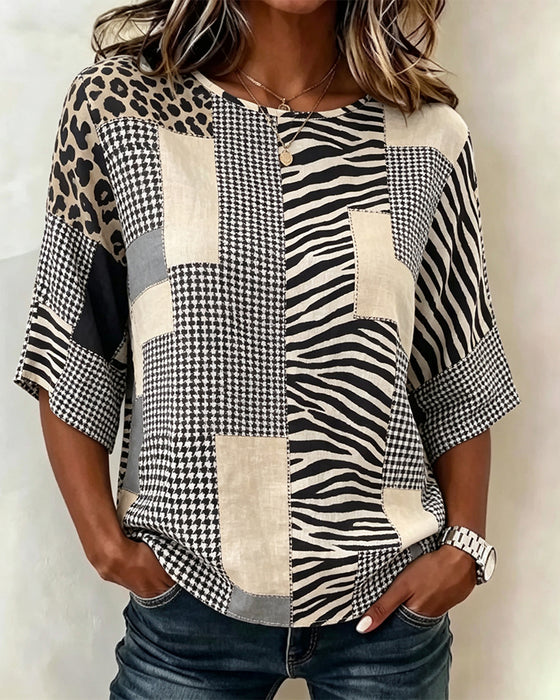 Blus Rundhalsad Lapptäcke Rutig Leopard