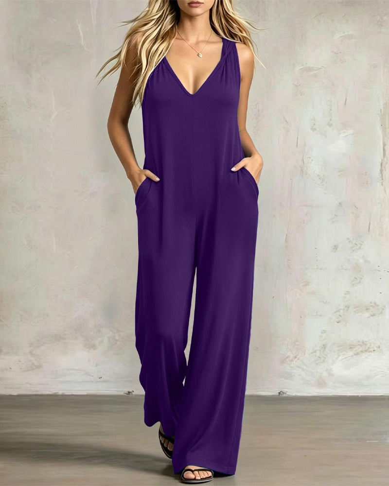 Avslappnad Jumpsuit V-Hals Ärmlös