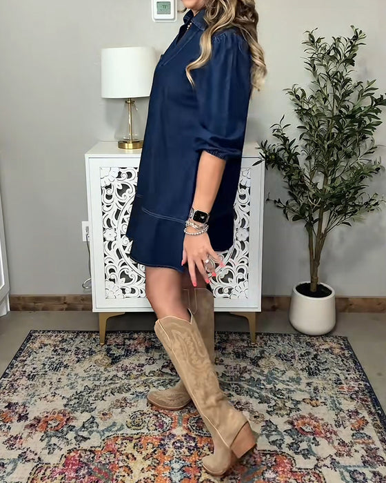 Jeansklänning Med Krage Och Lykthylsärmar