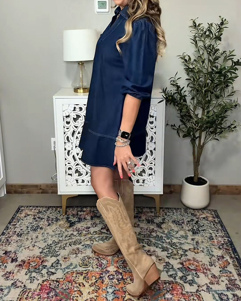 Jeansklänning Med Krage Och Lykthylsärmar