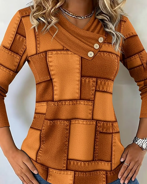 Långärmad Topp Med V-Ringning Och Kontrast I Enfärg