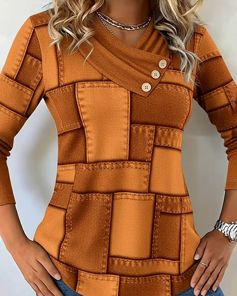 Långärmad Topp Med V-Ringning Och Kontrast I Enfärg