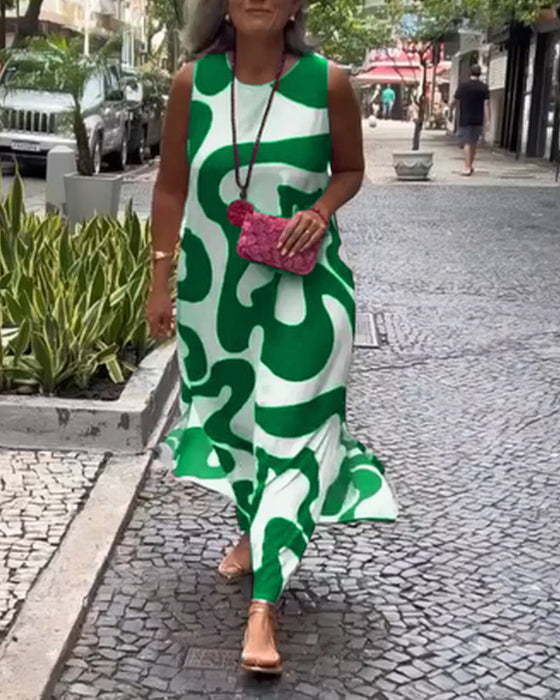 Rund Halslinje Ärmlös Klänning Med Geometrisk Tryck