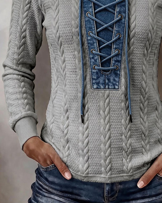 Sweatshirt Knytning Patchwork Casual