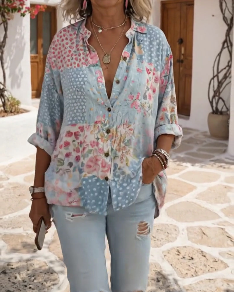 Skjorta Med Småblommigt Mönster Och Ståkrage